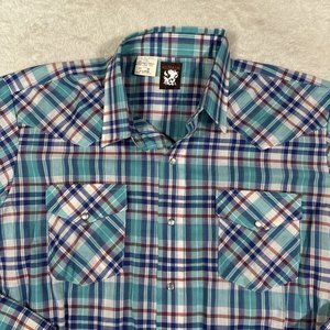 VINTAGE Karman Pearl Snap Shirt Mens 17 XL Western Madras Plaid Casual Long Tail